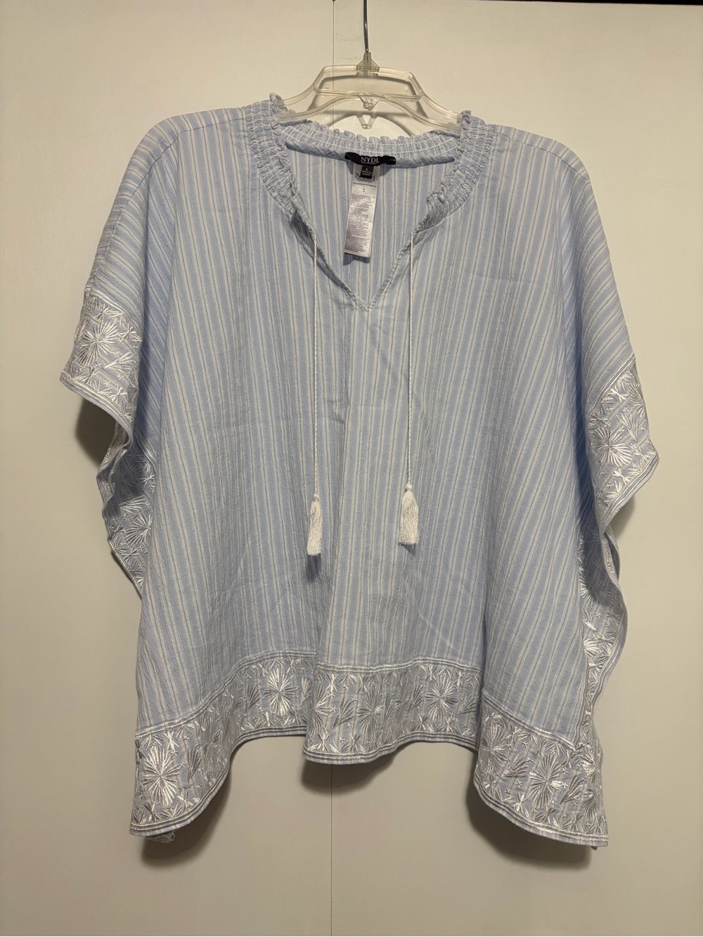 NYDJ Blue and White Embroidered Poncho size Large